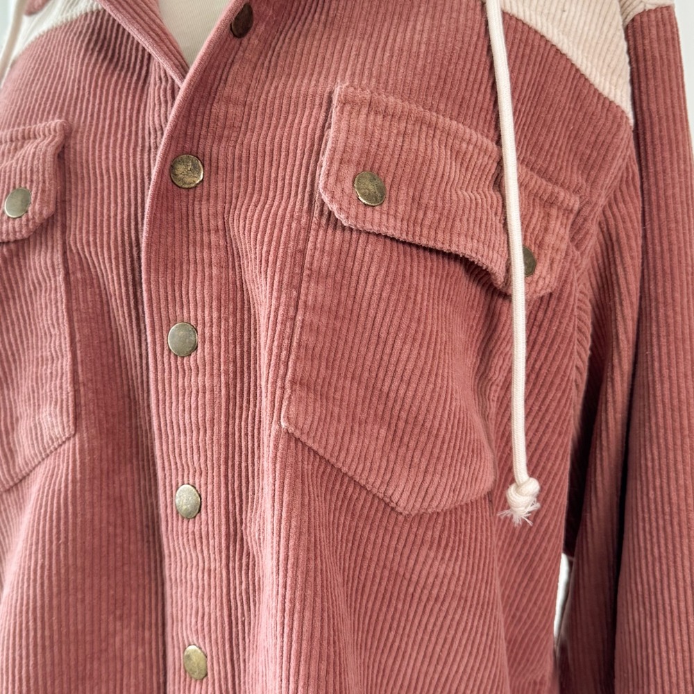 Pink Corduroy Jacket Hooded Button Up Shacket Cream Hood Cozy Layer M - Picture 2 of 5